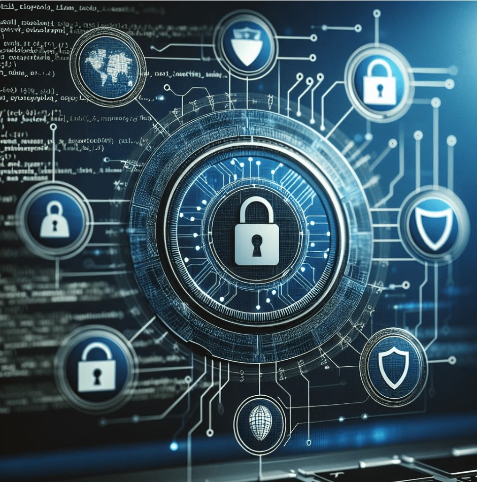 Cybersecurity lock and shield icons representing encrypted data protection