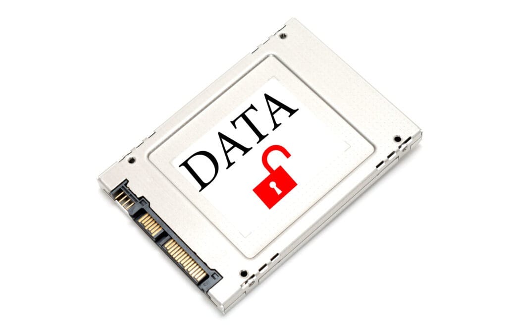 An internal SSD Hard Drive with a lock logo and the word data placed on top.