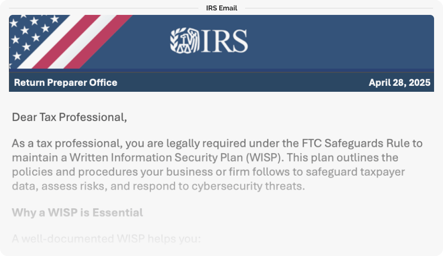 IRS email declaring that an IRS WISP is essential and legally required.