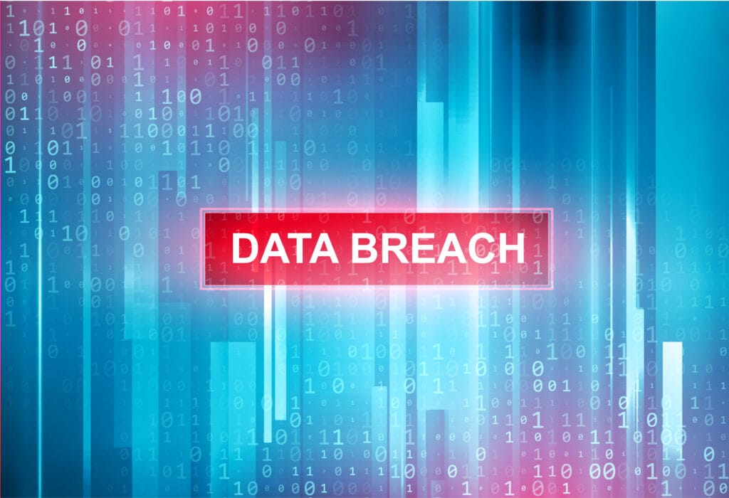 The words data breach in a red rectangle with an abstract blue, red, and purple gradient background.